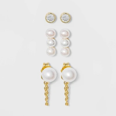 New 😀 Sterling Silver with Clear Cubic Zirconia, Glass and Pearl Post Stud Earring Set 3pc - A New Day™ Gold 👍 4 New 😀 Sterling Silver with Clear Cubic Zirconia, Glass and Pearl Post Stud Earring Set 3pc - A New Day™ Gold 👍 - Image 2