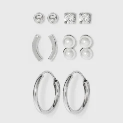 New ✨ Sterling Silver Double Pearl and Cubic Zirconia Hoop Stud Earring Set 5pc - A New Day™ Silver 😍 -Outlet New Day Wear Store unnamed file 1063