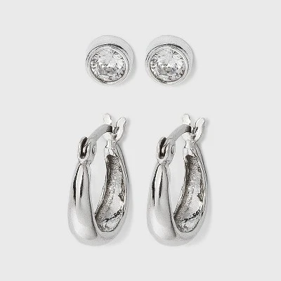 New ๐คฉ Sterling Silver Cubic Zirconia and Click Top Hoop Stud Earring Set 2pc - A New Day™ Silver ๐ 4 New ๐คฉ Sterling Silver Cubic Zirconia and Click Top Hoop Stud Earring Set 2pc - A New Day™ Silver ๐ - Image 2