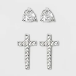 Discount 🔥 Sterling Silver Cubic Zirconia Round Stud and Cross Earring Set - A New Day™ Silver ✔️ -Outlet New Day Wear Store unnamed file 1121