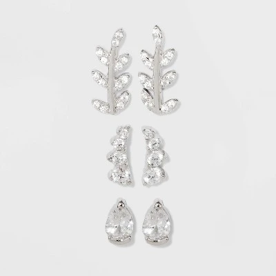 Budget βοΈ Sterling Silver Cubic Zirconia Leaf, Crawler and Teardrop Stud Earring Set 3pc - A New Day™ Silver π 4 Budget βοΈ Sterling Silver Cubic Zirconia Leaf, Crawler and Teardrop Stud Earring Set 3pc - A New Day™ Silver π - Image 2