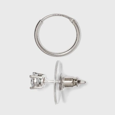 Budget ๐ Women's Sterling Silver Crystal Fireball Stud Earrings and Endless Hoop Earring Set 3pc - A New Day™ Silver/Clear โจ 3 Budget ๐ Women's Sterling Silver Crystal Fireball Stud Earrings and Endless Hoop Earring Set 3pc - A New Day™ Silver/Clear โจ
