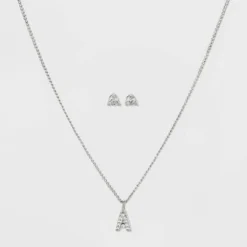 Top 10 🛒 Silver Plated Cubic Zirconia Initial Chain Pendant Necklace and Earring Set - A New Day™ 💯
