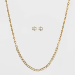 Coupon 😍 Silver Plated Gold Dipped Rhinestone Chain Necklace and Earring Set - A New Day™ Gold 👏