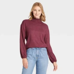 Best Sale ❤️ Women's Long Sleeve High Neck Smocked T-Shirt - A New Day™ 😀 -Outlet New Day Wear Store unnamed file 3901