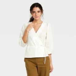 Cheapest ❤️ Women's 3/4 Sleeve Wrap Top - A New Day™ 🥰 -Outlet New Day Wear Store unnamed file 3973