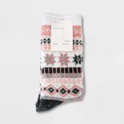 Brand new ✔️ Women's Fair Isle Double Lined Cozy Crew 🔔 Socks - A New Day™ Pink/Heather Gray 4-10 😉