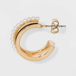 Discount ✔️ Faux Duo Enamel and Pearl Huggie Hoop Earrings - A New Day™ White ⭐