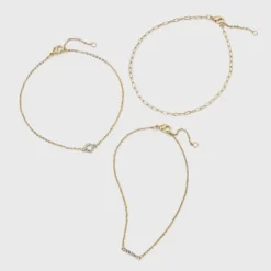 Promo 🧨 Crystal and Chain Anklet Trio Set - A New Day™ Gold 👏