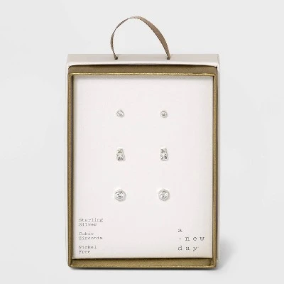 Best Sale 😍 Sterling Silver Cubic Zirconia Multi Shape Stud Earring Set 3pc - A New Day™ Metallic Silver 🤩 5 Best Sale 😍 Sterling Silver Cubic Zirconia Multi Shape Stud Earring Set 3pc - A New Day™ Metallic Silver 🤩 - Image 3