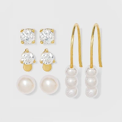 Promo โค๏ธ Sterling Silver with Cubic Zirconia and Glass Pearl Stud Earring Set 4pc - A New Day™ - Gold ๐ 4 Promo โค๏ธ Sterling Silver with Cubic Zirconia and Glass Pearl Stud Earring Set 4pc - A New Day™ - Gold ๐ - Image 2
