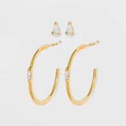 Flash Sale 💯 Sterling Silver Hoop and Cubic Zirconia Duo Stud Earring Set - A New Day™ Gold 😀 -Outlet New Day Wear Store unnamed file 994